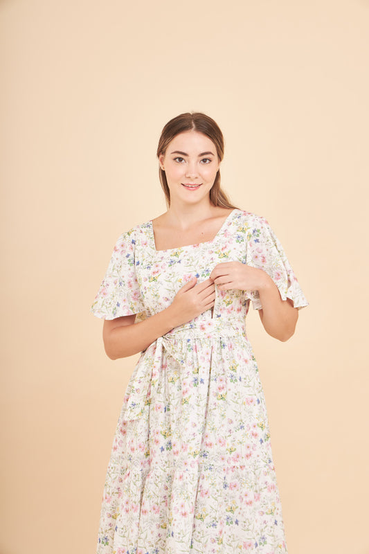 Princess Cotton Linen Midi Dress with Nursing Zippers in Sweet Wildflowers