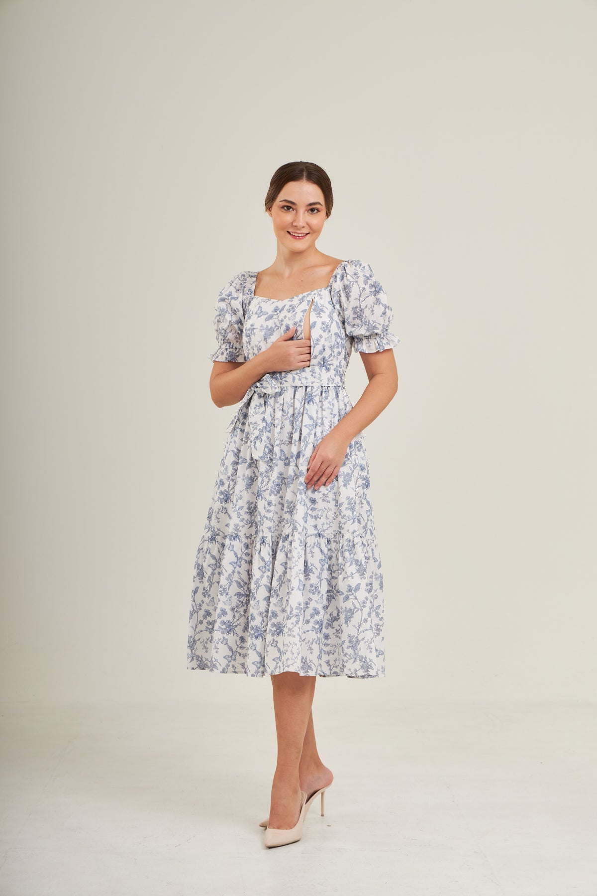 Ann Midi Dress with Nursing Zippers in Blue Toile Butterfly