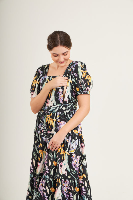 Versa Cotton Linen Dress with Nursing Zippers in Dark Floral