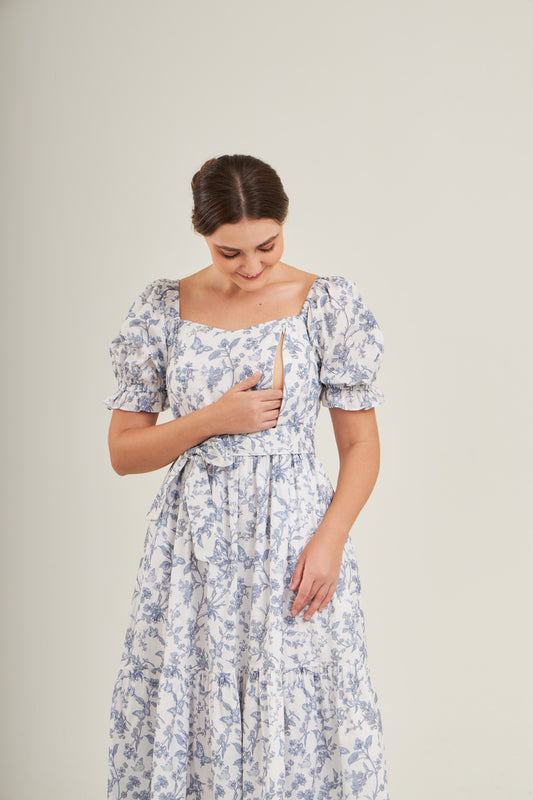 Ann Midi Dress with Nursing Zippers in Blue Toile Butterfly