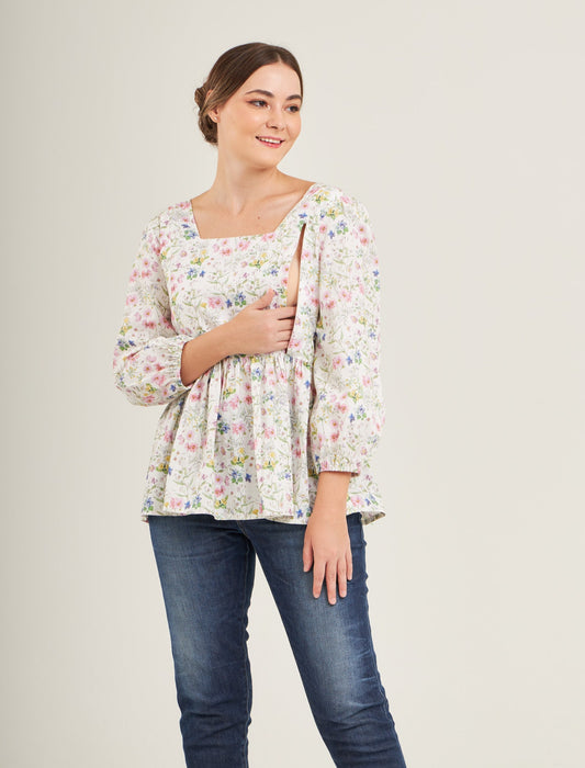 Embrace Cotton Linen Top with Nursing Zippers in Sweet Wildflowers