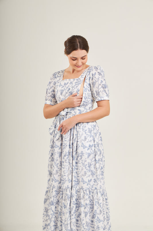 Versa Maxi Dress with Nursing Zippers in Blue Toile Butterfly