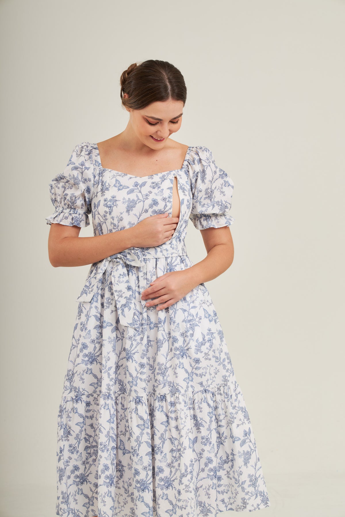 Ann Midi Dress with Nursing Zippers in Blue Toile Butterfly