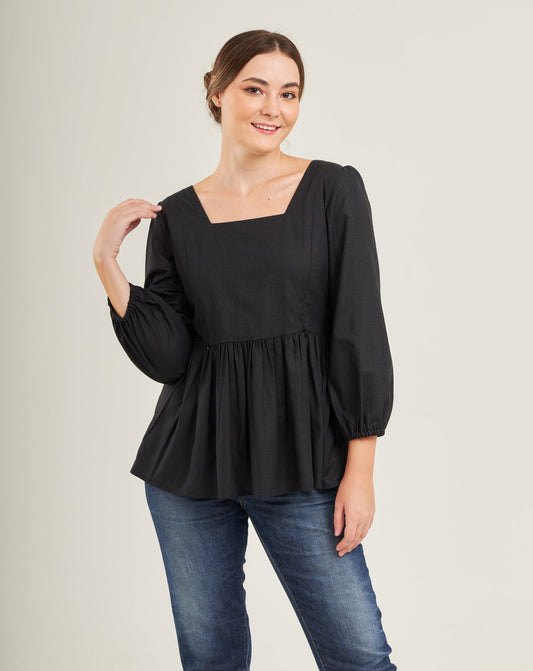 Embrace Cotton Linen Top with Nursing Zippers in Black