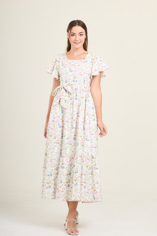 Princess Cotton Linen Maxi Dress with Nursing Zippers in Sweet Wildflowers