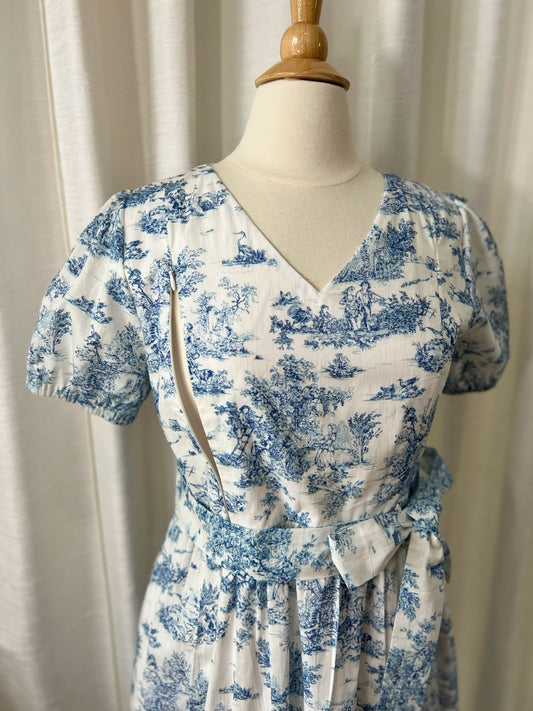 A56: Charming Dress with Nursing Zippers in Vintage Blue Toile (bust = 35", waist = 33")