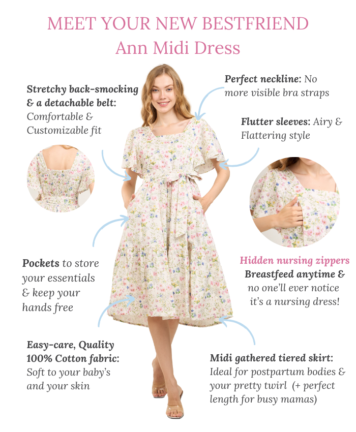 Princess Cotton Midi Dress with Nursing Zippers in Sweet Wildflowers XS (US0/2)