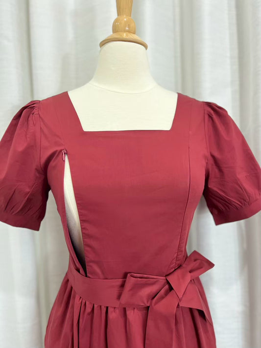 *Sample* Versa Cotton Dress with Nursing Zippers in Red Burgundy
