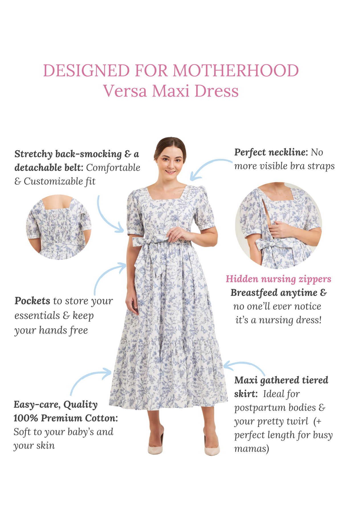 Cotton Nursing Dress – Versa Maxi in Blue Toile Butterfly | Mome