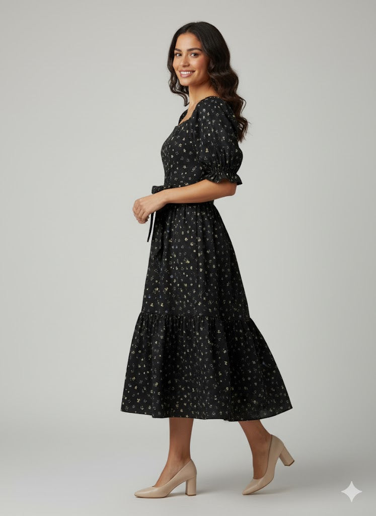 mom midi dress Dark Salmon Ruffle Sleeve Round Neck Mom Midi Dress