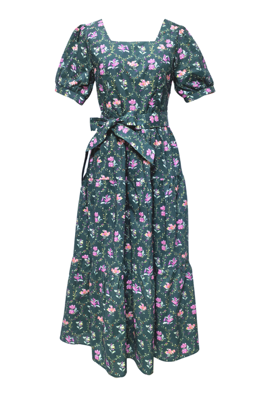 Versa Cotton Dress with Nursing Zippers in Green Floral Trellis