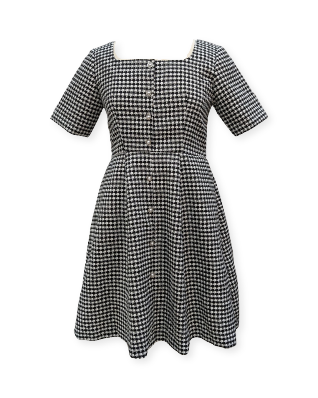 Lana Short Sleeves Tweed Dress in Black Houndstooth (Ready-to-ship)