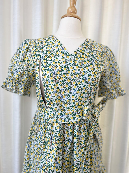 All day dress with nursing zippers in Rifle Paper Co Lemon print, knee-length, relaxed fit, size L & XL