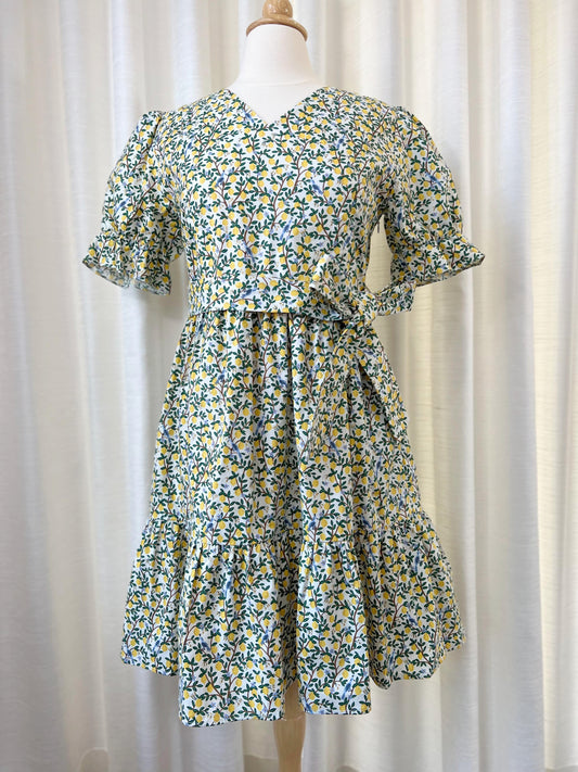 All day dress with nursing zippers in Rifle Paper Co Lemon print, knee-length, relaxed fit, size L & XL