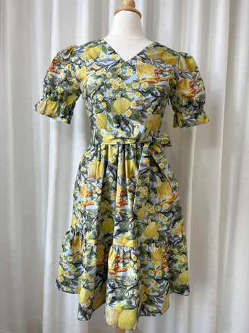 All day dress with nursing zippers in Lemon Green print, knee-length, relaxed fit, size S,L & XL