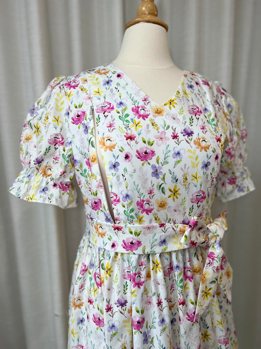 All day dress with nursing zippers in watercolor blooms, knee-length, relaxed fit, size M