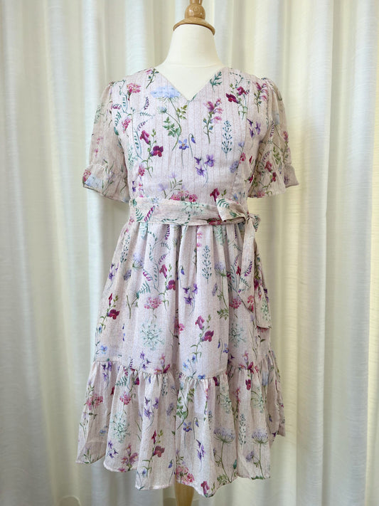 All day dress with nursing zippers in Sweet Botanical Chiffon, knee-length, relaxed fit, size M