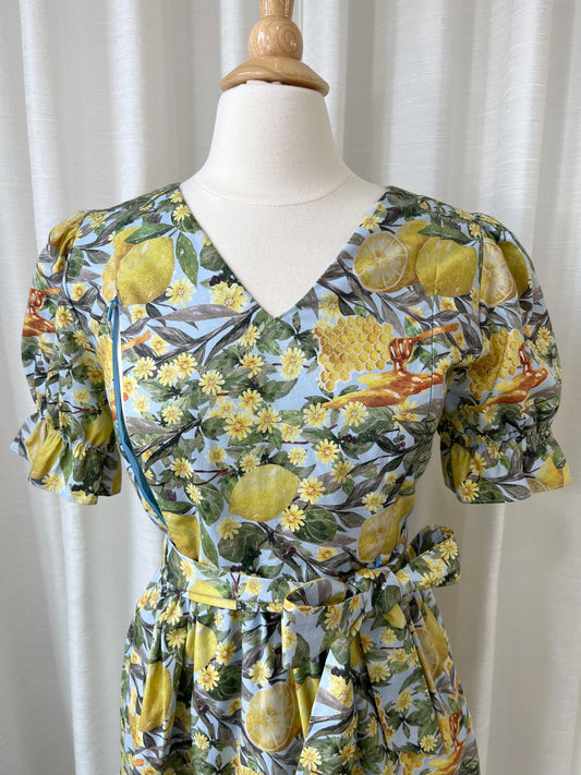 All day dress with nursing zippers in Lemon Green print, knee-length, relaxed fit, size S,L & XL