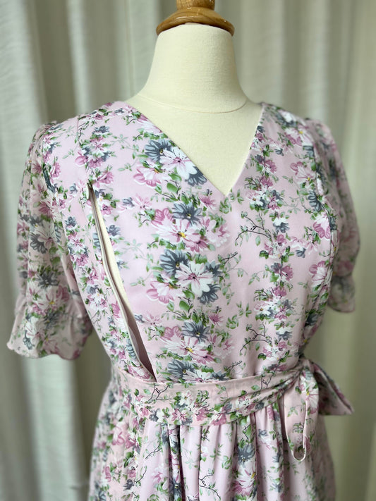 All day dress with nursing zippers in Striped Floral Chiffon, knee-length, relaxed fit, size S, M, L, XL