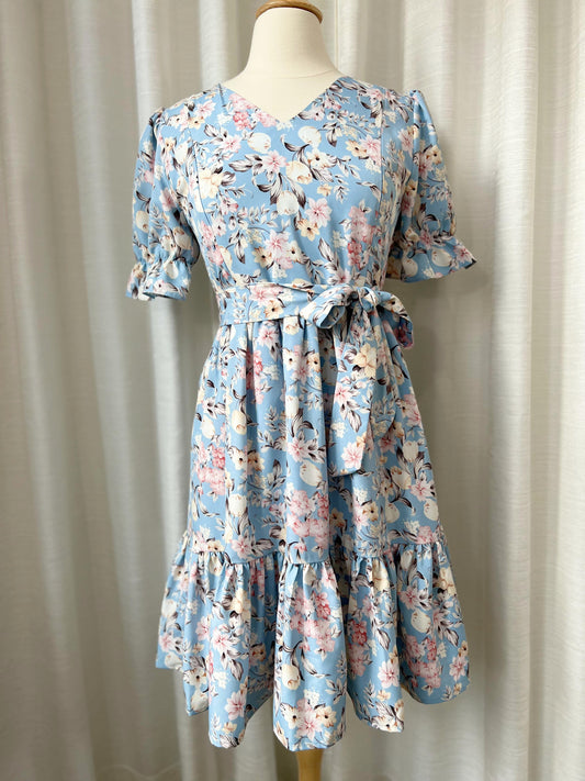 All day dress with nursing zippers in Floral Blue Italian Silk, knee-length, relaxed fit, size S & XL