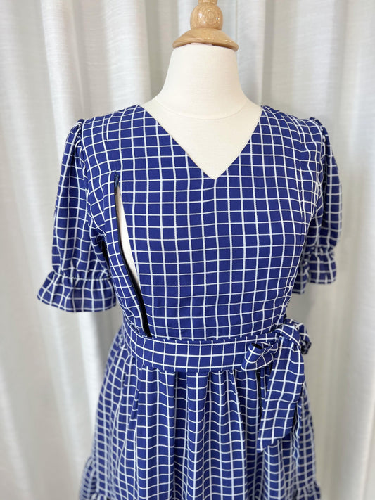 All day dress with nursing zippers in Blue Plaid, knee-length, relaxed fit, size S,M,L,XL,XXL