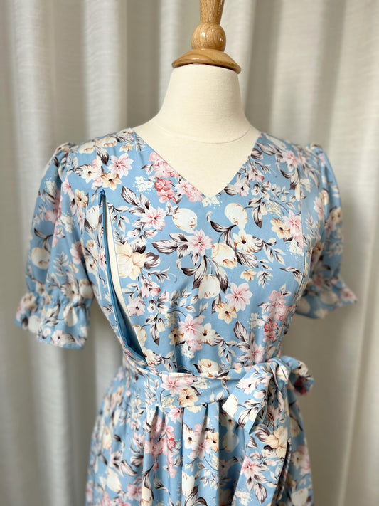 All day dress with nursing zippers in Floral Blue Italian Silk, knee-length, relaxed fit, size S & XL