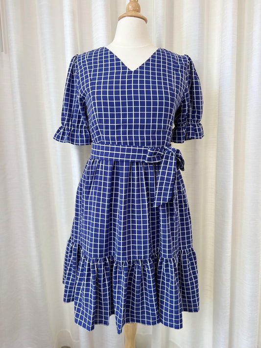 All day dress with nursing zippers in Blue Plaid, knee-length, relaxed fit, size S,M,L,XL,XXL