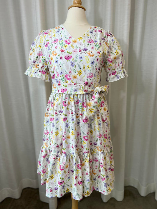All day dress with nursing zippers in watercolor blooms, knee-length, relaxed fit, size M