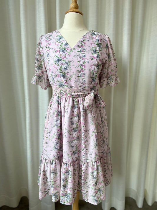 All day dress with nursing zippers in Striped Floral Chiffon, knee-length, relaxed fit, size S, M, L, XL