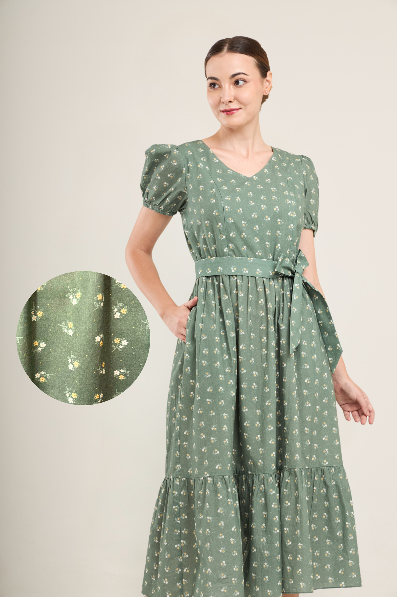 Charming Cotton Dress with Nursing Zippers in Green Floral