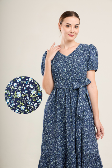 Charming Cotton Dress with Nursing Zippers in Navy Floral