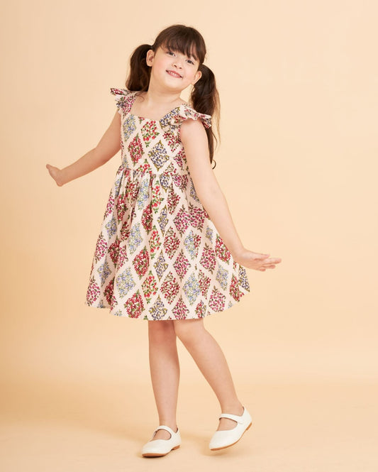 Little Angela Dress in Berry Meadows, Cream (Pre-order)